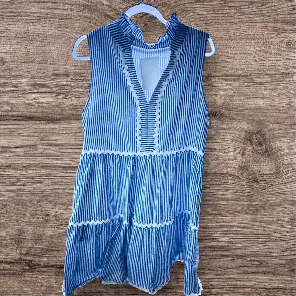 Blue Asymmetrical Tiered Dress with Mandarin Collar